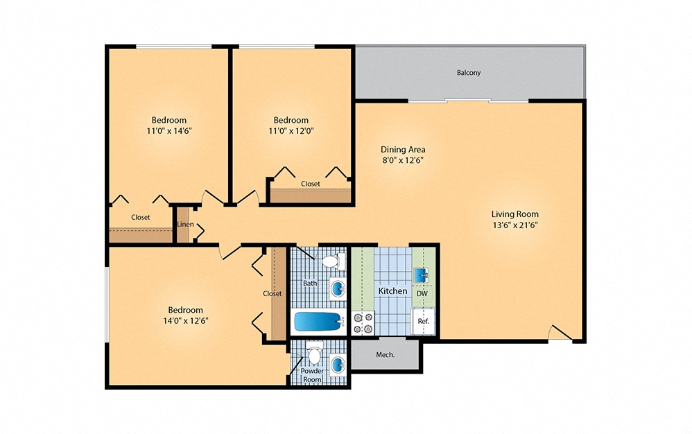 Floor plan for 3 beds, 1.5 baths, 1100 sqft